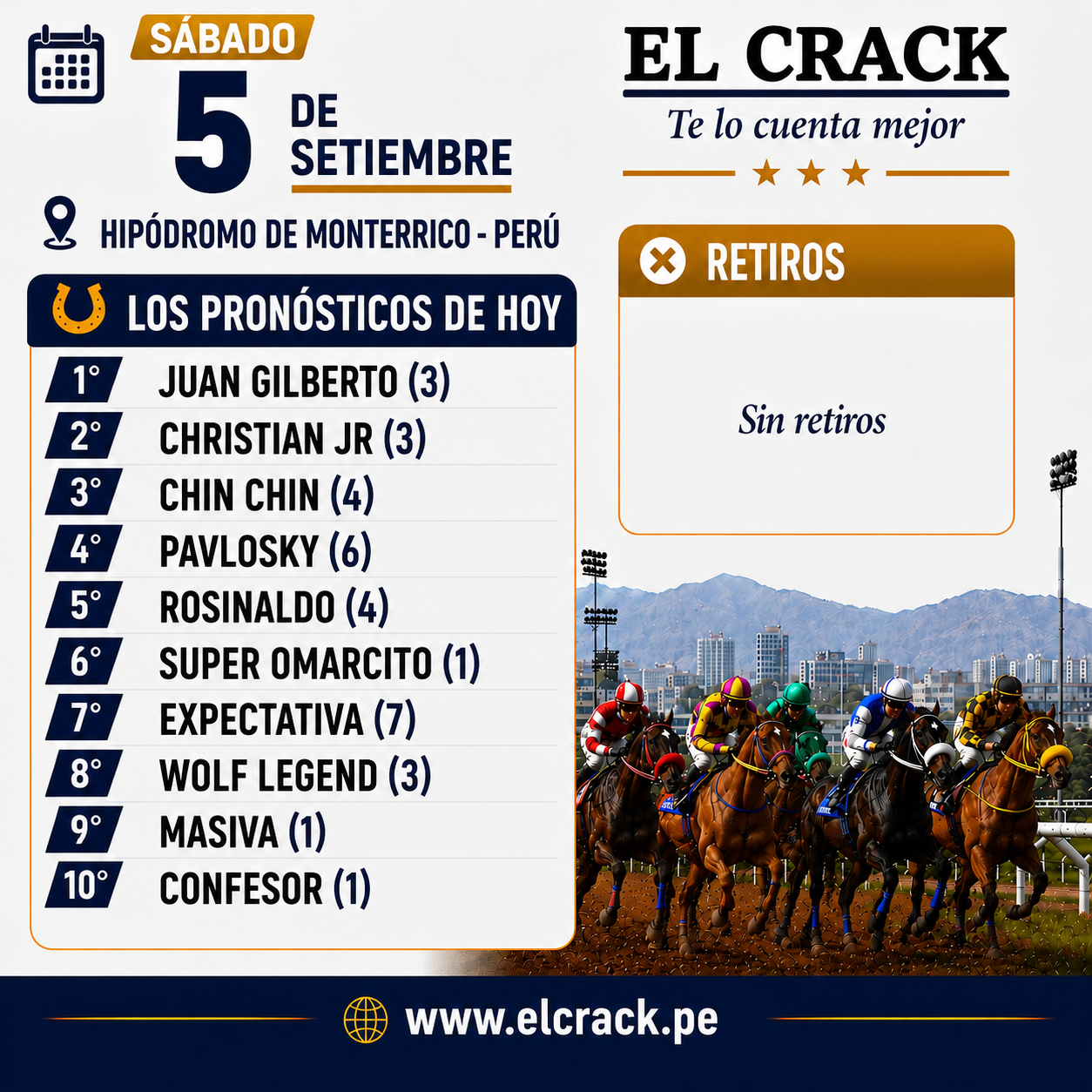 Flyer de pronósticos de Sábado 5 Setiembre