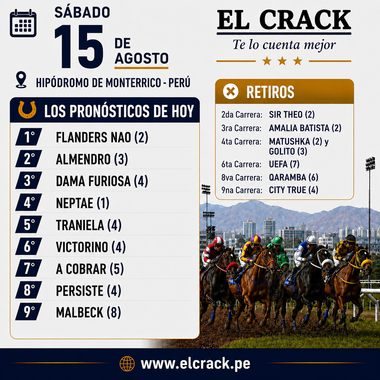 Flyer de pronósticos de Sábado 15 Agosto